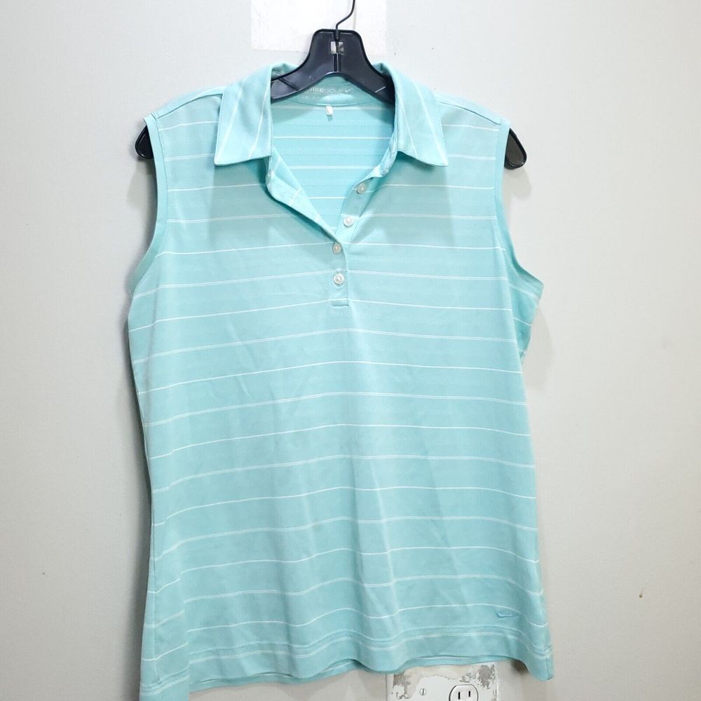 Nike Golf Womens Large L Green Striped Sleeveless Collared Shirt Top Dri Fit